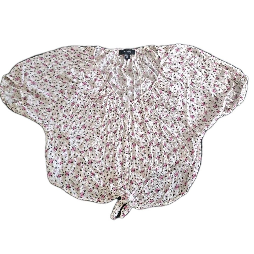 Karen Kane Women’s XL White Top Small Pink Roses Baggy Tie Bottom Loose Blouse